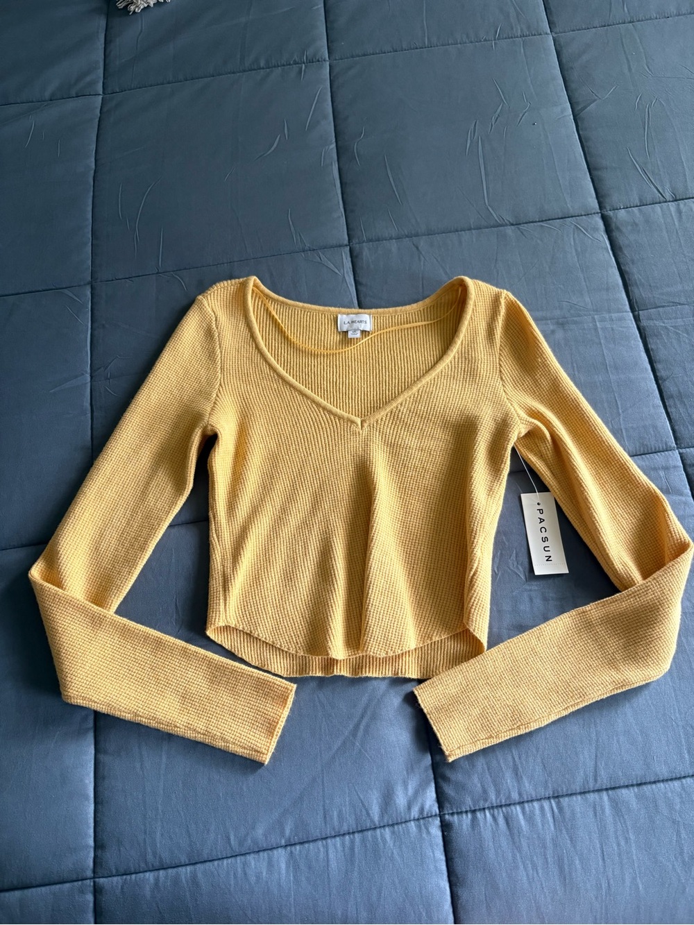 PacSun Mustard Yellow Ribbed V-Neck Cropped Long Sleeve Top